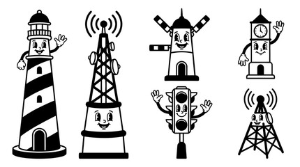 Obraz premium signal tower, cute retro cartoon style vector set , white background , PNG and SVG isolate