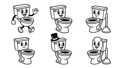 toilet, cute retro cartoon style vector set , white background , PNG and SVG isolate