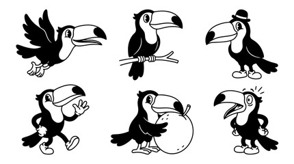 Fototapeta premium toucan, cute retro cartoon style vector set , white background , PNG and SVG isolate