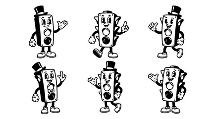 Obraz premium traffic light, cute retro cartoon style vector set , white background , PNG and SVG isolate