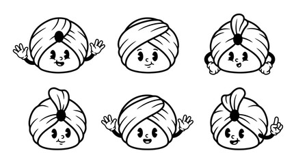 turban, cute retro cartoon style vector set , white background , PNG and SVG isolate