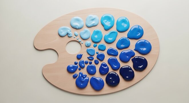 Artist's palette with blue paint droplets arranged in a gradient on a wooden surface.