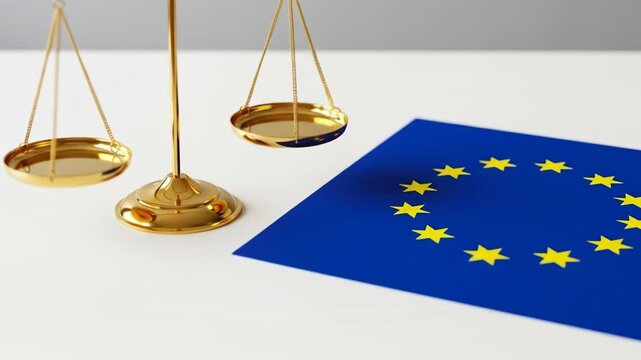 A gold scale with two empty plates on a white surface next to a blue flag with a circle of yellow stars