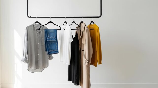A minimalist closet with clothes hanging on a black rack against a white wall