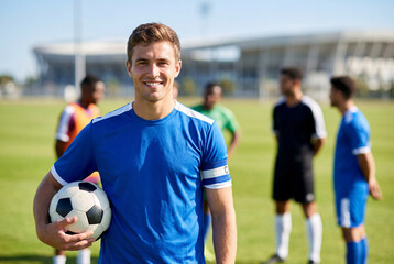 Portrait of a smiling soccer player holding a ball on a sunny field with his team