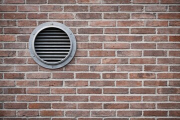 Circular metal ventilation grille installed on brick wall exterior for air circulation system