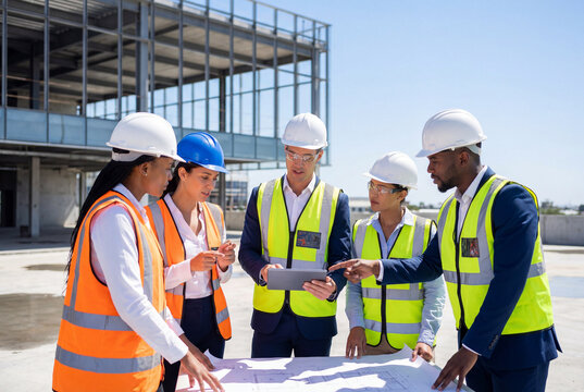 Diverse team of engineers and architects reviewing blueprints at a construction site