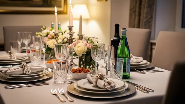 A formal dining table set for a special occasion with wine, flowers, and fine china