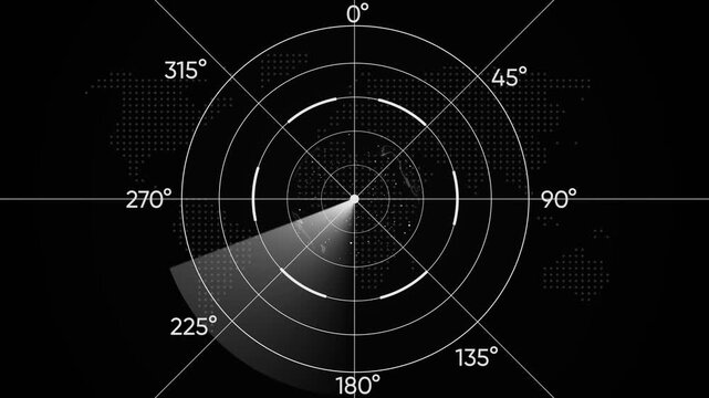 Global radar scanning interface animation. Futuristic radar interface scanning world map. Digital radar system tracking global signals and technology network.