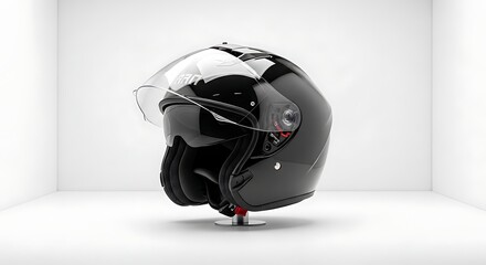Fototapeta premium Motorcycle helmet on display in a studio setting viewed from the side