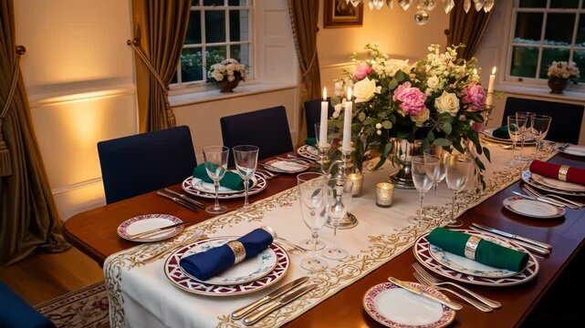 A long wooden dining table set with colorful napkins, floral centerpiece, and elegant dinnerware