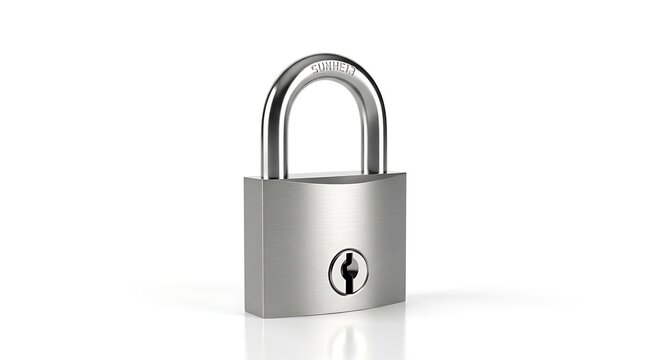 Locked padlock on reflective surface viewed from front