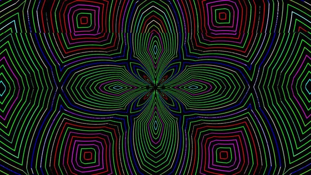 Kaleidoscopic abstract background of colorful neon lines. Seamless hypnotic, trippy psychedelic animation a geometric backdrop