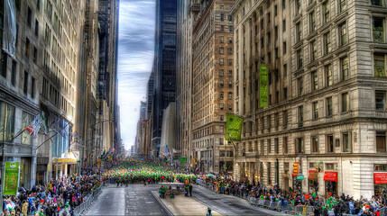 Crowd Marching Down a Narrow Urban Street with Tall Buildings