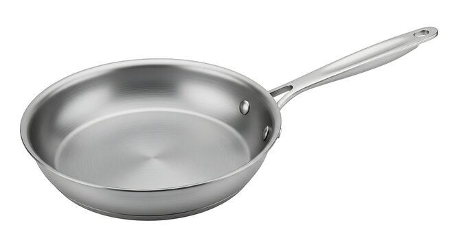 Stainless steel frying pan viewed from above on a white background