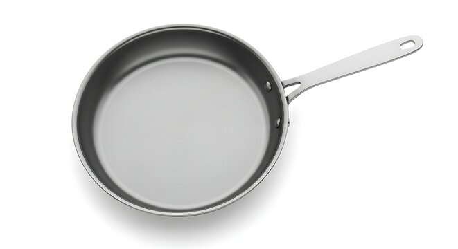 Frying pan with handle viewed from above on a plain surface