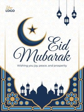 Eid mubarak greeting card design with crescent moon, star, lanterns, and mosque silhouette