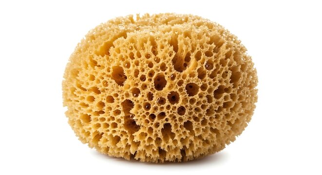 A yellow sea sponge isolated on a white background viewed from the front