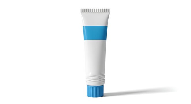 Squeeze tube with blue accents standing vertically on surface
