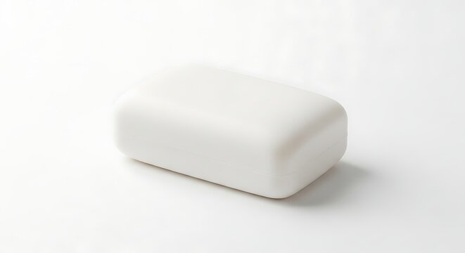 A single white bar of soap on a plain white surface viewed from above