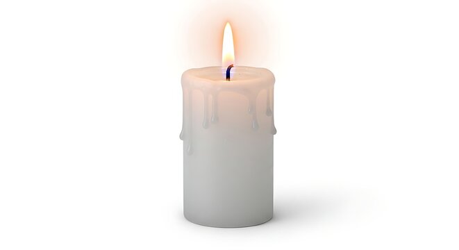 A lit candle stands alone on a white surface viewed from the front