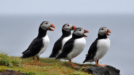 Fototapeta premium Black-and-white seabirds with orange beaks on grassy cliffs