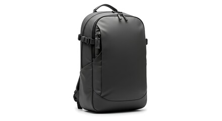 Black backpack with multiple pockets and straps on a white background