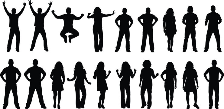 Silhouette people poses, standing, jumping, dancing, expressive gestures, casual stances, diverse body language, male female figures, vector illustration pack