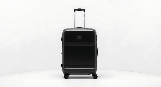 Black suitcase standing on wheels in a white studio environment