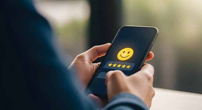 Person holding smartphone with happy face and five star rating