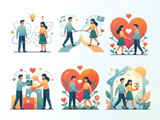 Fototapeta premium Emotional connection and collaboration depicted through engaging illustrations of partnerships showcasing love, creativity, shared experiences, and harmonious companionship