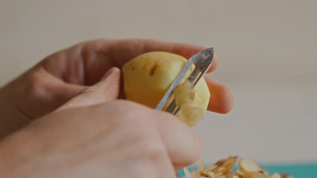 Close-up view of hands removing potato skin with a vegetable peeler. The potato rotates in the fingers while the peeler smoothly removes the outer layer. High quality 4k footage