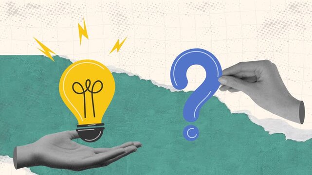 Two hands hold lightbulb and question mark. Trendy Halftone Collage Problem solving concept. Business solution. Creative mind or brainstorm. Ask for reply. Contemporary motion graphic 