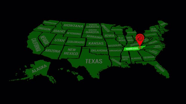 3D USA Map Animation with Red Location Pin Highlighting Tennessee &ndash; Seamless Loop on transparent background