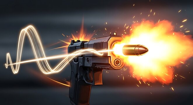 Animated illustration of a handgun firing a bullet, with stylized effects and glowing trails