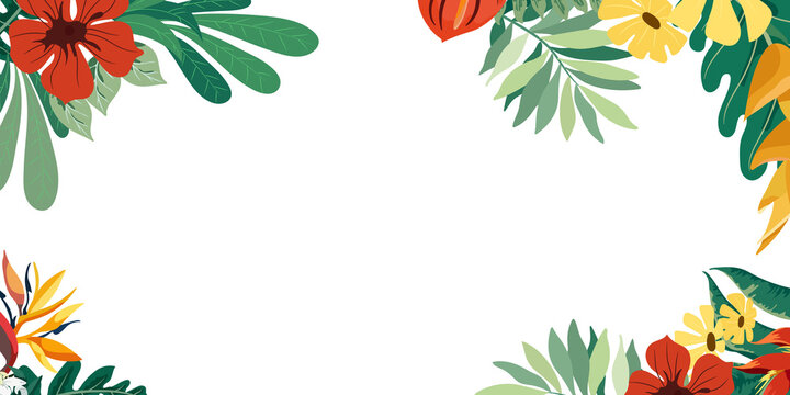 tropical floral border frame with colorful leaves and flowers isolated on white background transparent background