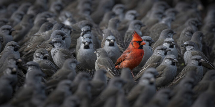 Difference concept showing by extraordinary bird standing out of the crowd. superlative