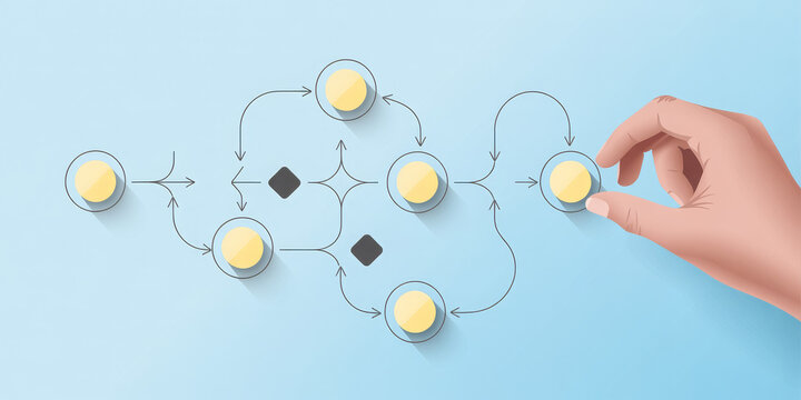 Business process management and automation concept with person moving wooden pieces on flowchart diagram. Workflow implementation to improve productivity and efficiency. Management and organization.
