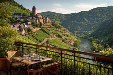 Fototapeta premium A wooden table with place settings sits on a scenic balcony overlooking a historic European village, a winding river, and lush terraced vineyards.