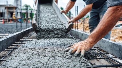 Fototapeta premium Construction workers are pouring wet concrete onto a steel rebar grid. A middle-aged man with tanned skin uses his bare hands to level the mixture.