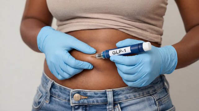 A close-up of a woman in blue gloves administering a GLP-1 injection into her abdomen. This medical 3D render illustrates weight loss treatment, diabetes management, and subcutaneous self-injection.