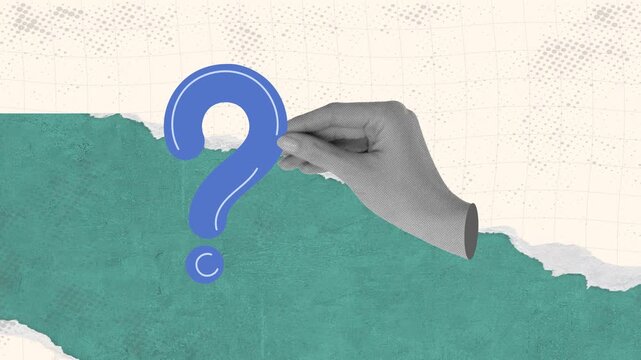 hands hold question mark. Trendy Halftone Collage Problem solving concept. Contemporary video