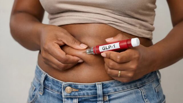 Close-up of a woman's hands administering a GLP-1 injection into her abdomen using a red medical pen. This shot illustrates a patient managing diabetes or weight loss through self-medication at home.