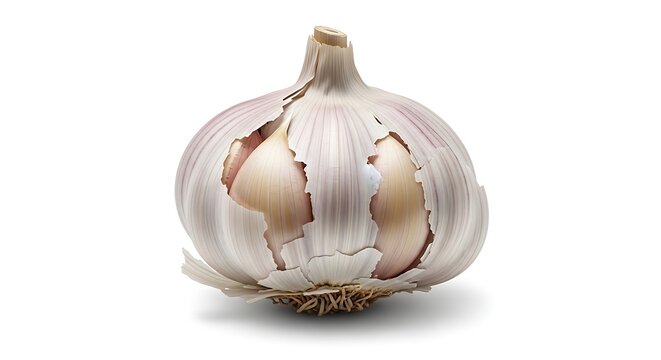 Whole garlic bulb with exposed cloves on a plain white surface