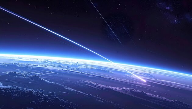 Abstract representation of ballistic trajectory lines intersecting with the atmosphere of Earth from space