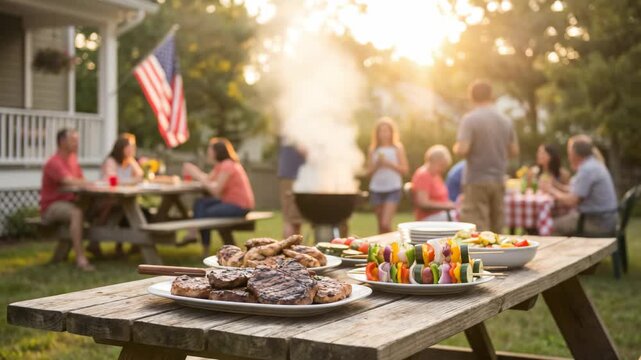 Blurred shot of a family enjoying a backyard barbecue at sunset. People gather around a grill and table near a house with an American flag, creating a warm, nostalgic summer atmosphere.