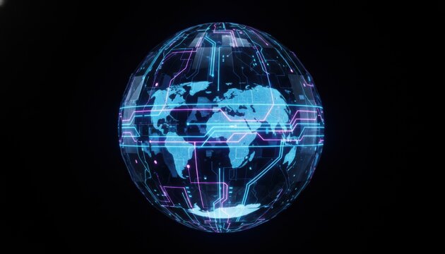 Glowing neon circuitry pathways illuminate a digital globe representing global technology and connections
