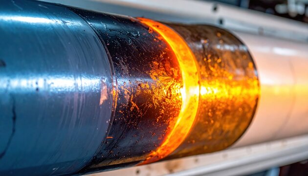 Close up view of a glowing heated thermal coating on a metallic cylindrical surface, showcasing industrial protection technology