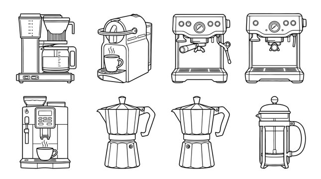 coffee machine , realistic line art vector set , white background , PNG and SVG isolate