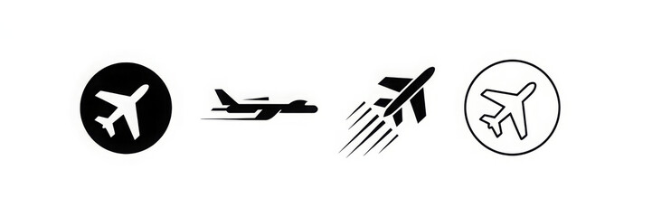 Obraz premium Airplane icon takeoff logo black pictogram set vector or plane take off flying silhouette shape graphic simple plain clipart symbol, airport airline jet circle sign, aeroplane thin line outline art